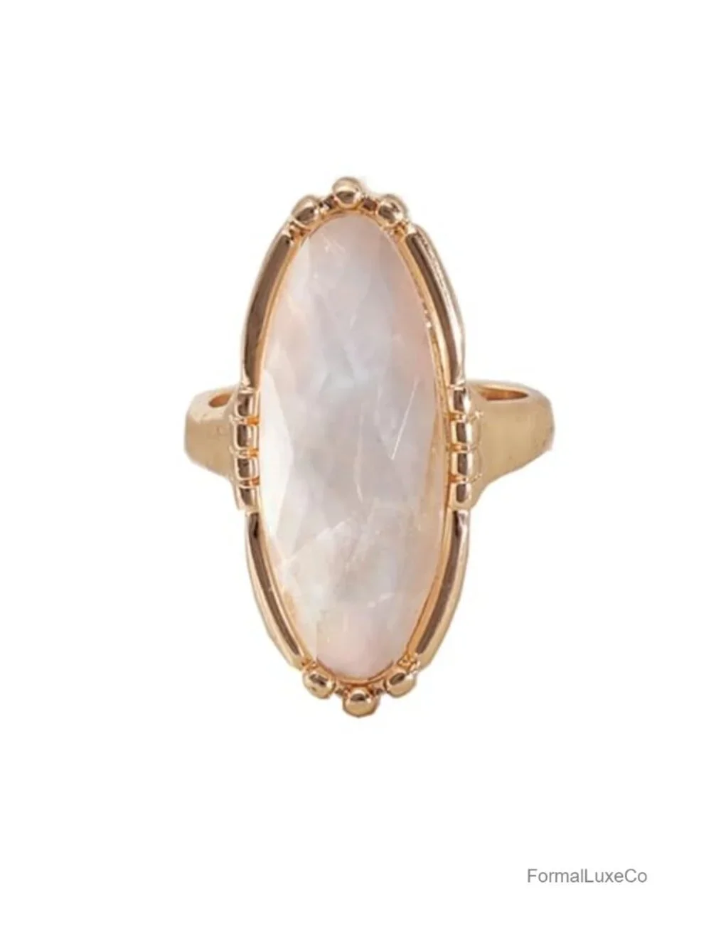 Vintage Oval Statement Ring Gold Tone Beaded Edge Cocktail Jewelry
